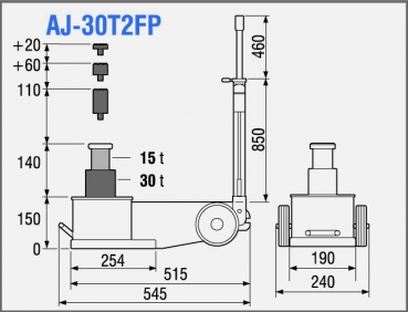 Preview: TDL AJ-30T2FP 2-stufiger lufthydraulischer HeberbrTragkraft: 30.000/15.000 kg Inkl. 3 Adapterstücke